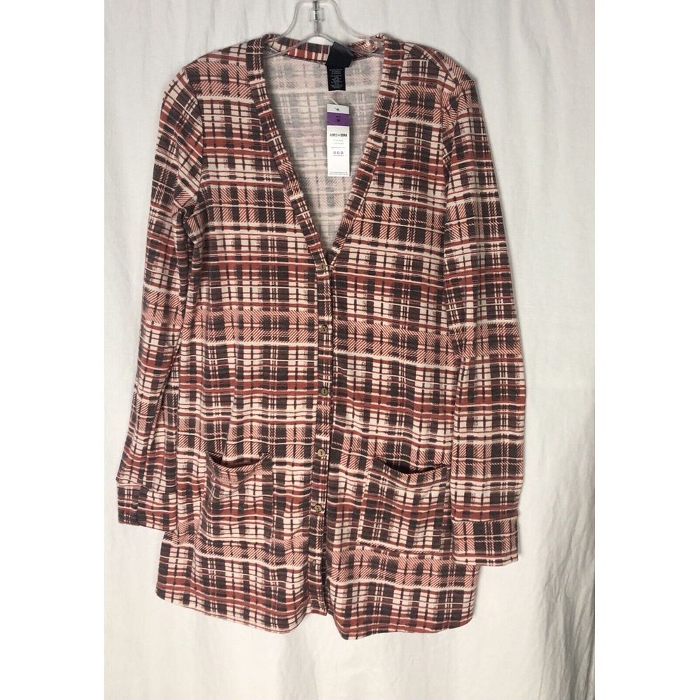 New Agnes & Dora Soft Jersey Cardigan Pink Plaid Size M Long Sleeve